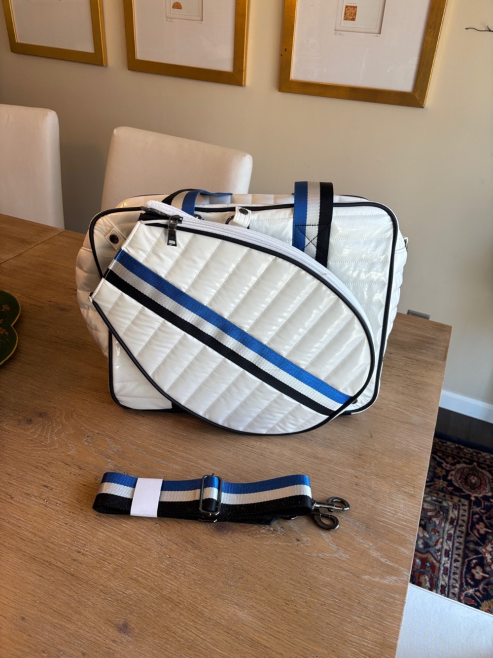 THINK ROYLN Tennis Bag White Quilted Tote with Blue and Black Straps